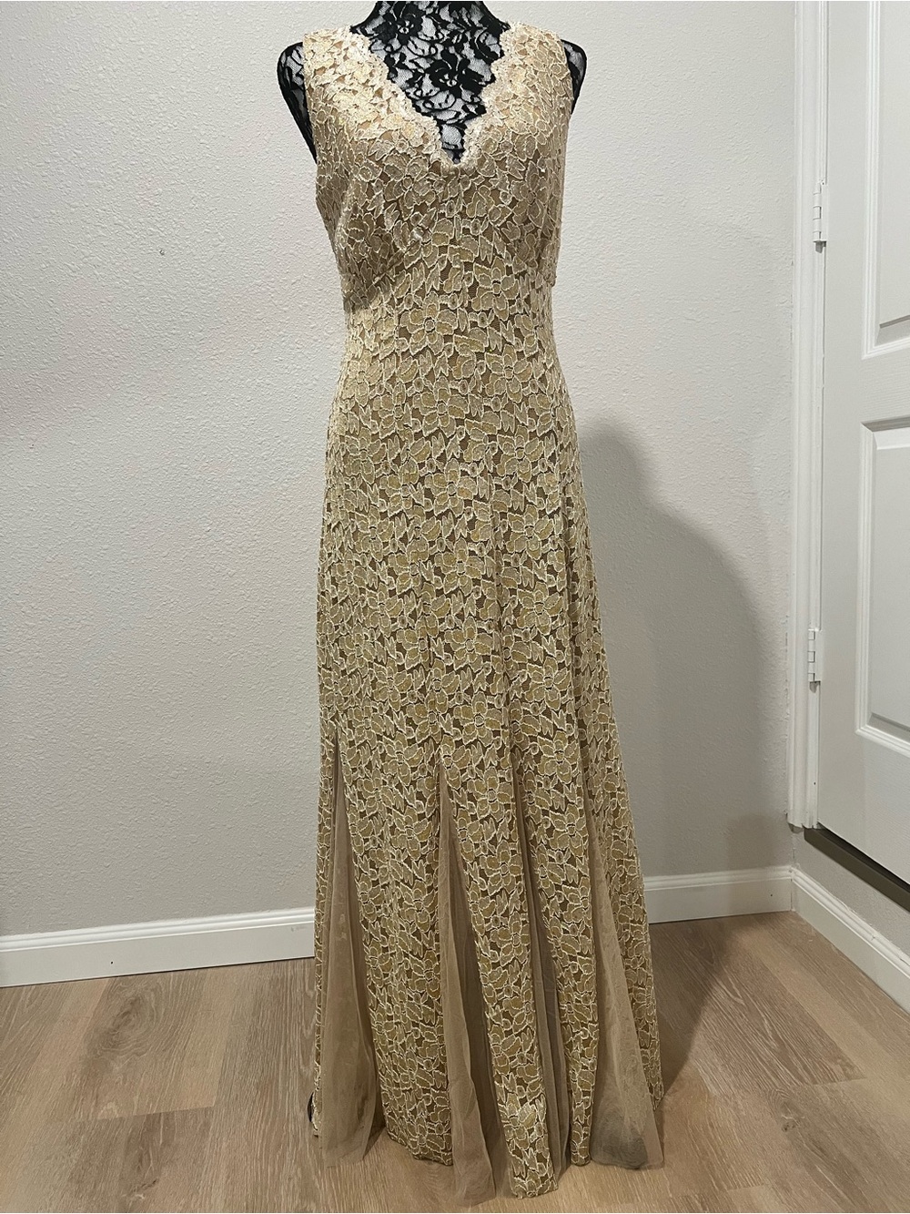 Champagne Gold Lace Maxi Dress with Satin Bow & Sheer Panels
